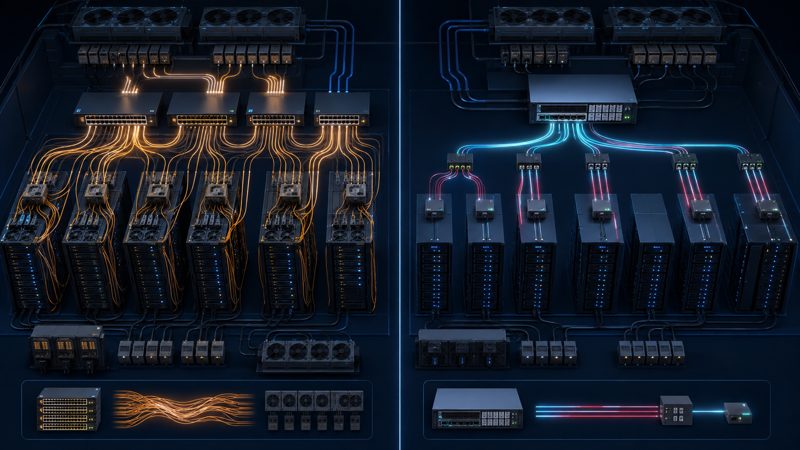 Traditional switched Ethernet compared with data center Passive Optical LAN