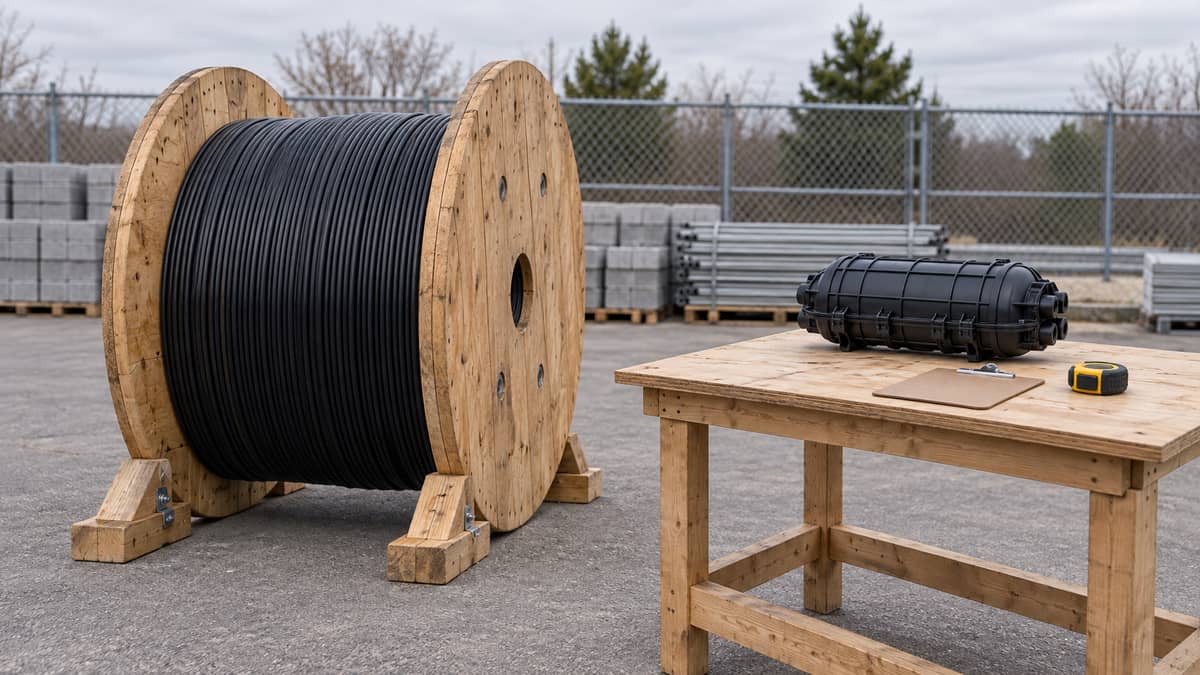 Fiber cable drum and splice enclosure staged for pre-installation material checks
