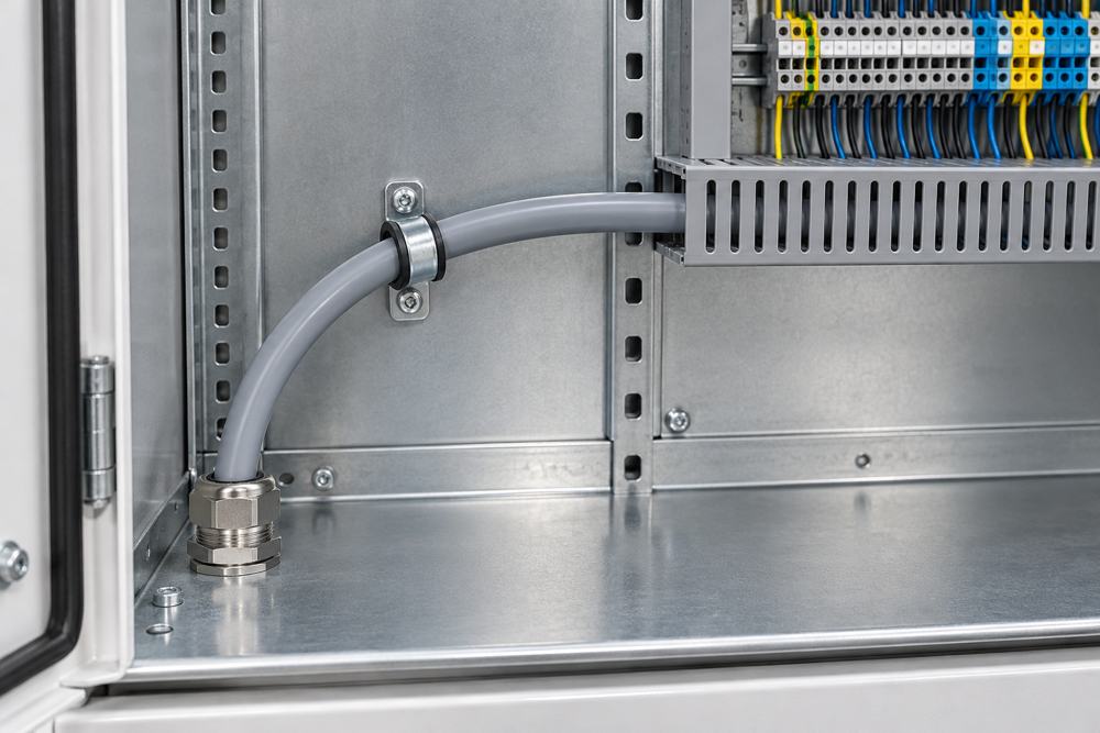 Control cable routed with a generous bend and clear cabinet space