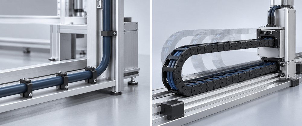 Fixed flexible cable route compared with continuous-flex cable carrier movement