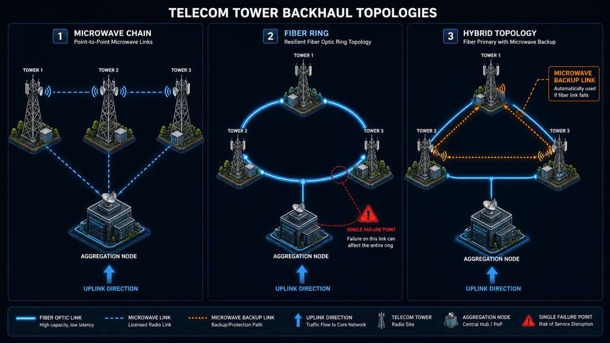 Microwave chain fiber ring and hybrid tower backhaul topologies