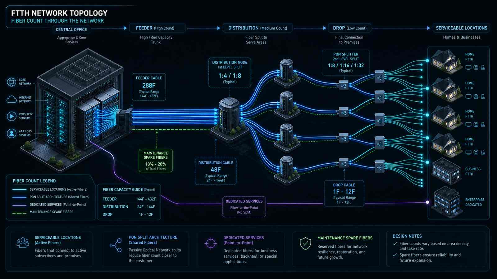 Feeder distribution and drop fiber count planning diagram