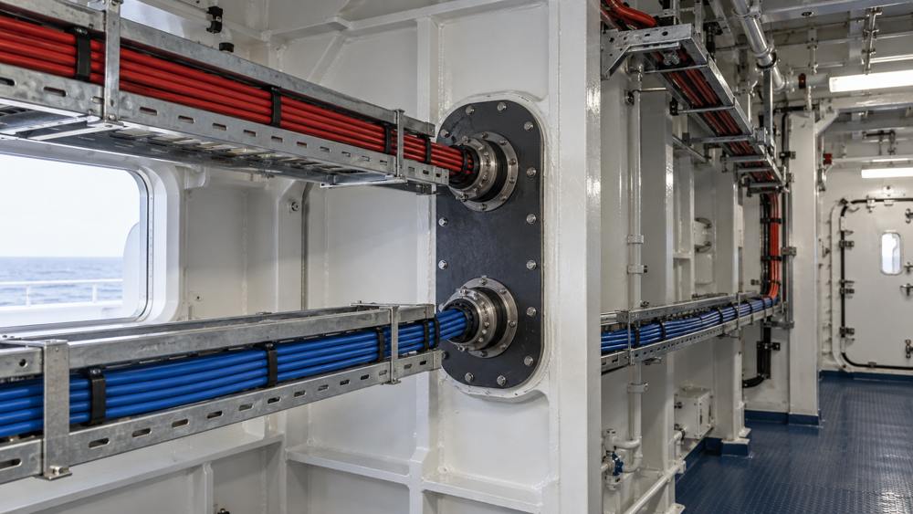 Separated Route A and Route B fiber cable paths aboard a ship