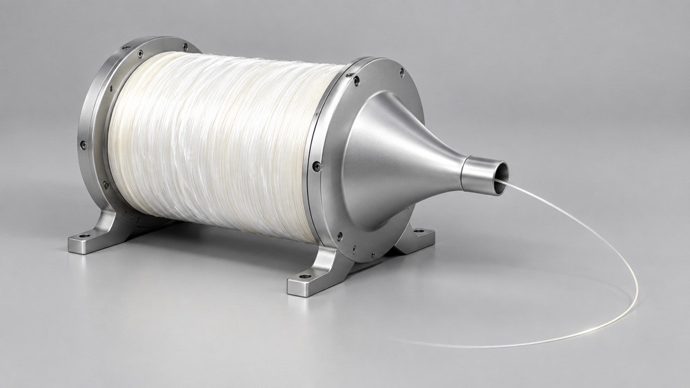 Optical fiber paying out smoothly from the tapered outlet of a fiber drum