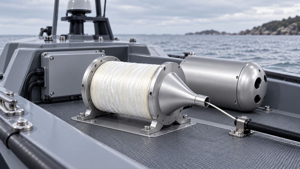 Compact USV with a protected fiber drum link on the technical deck