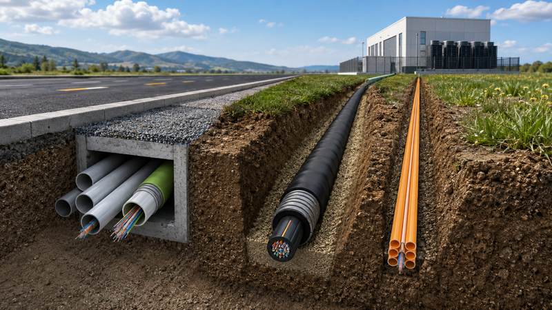 Duct direct-buried and air-blown fiber route options for carrier PoP