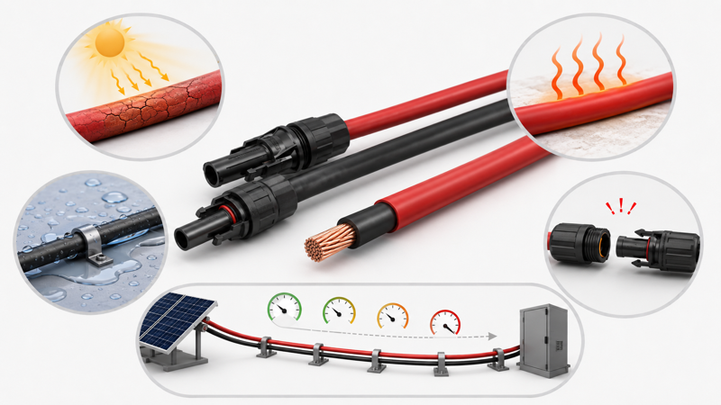 Solar cable risk factors from UV heat water connector mismatch and voltage drop