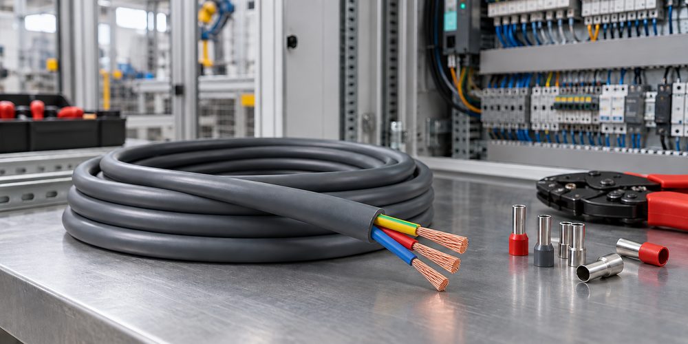 Gray flexible control cable with three fine-stranded copper conductors beside automation equipment