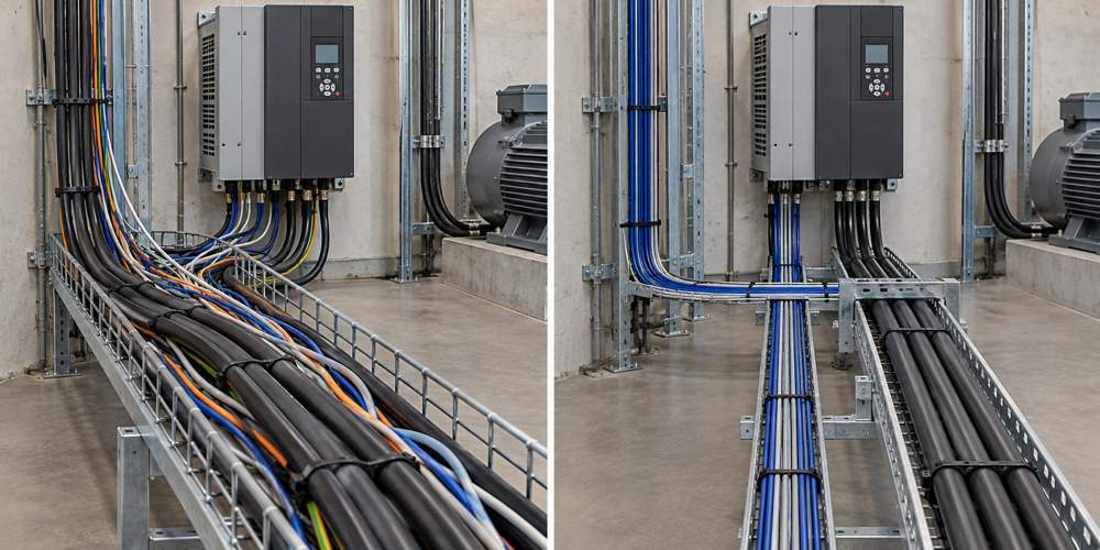 Mixed versus separated control and motor cable routing near a VFD